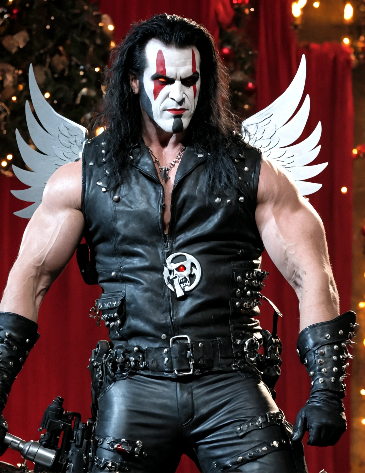 DC comics Lobo (pale white skin, deep red eyes, pitch black mullet and scraggly beard, powerfully muscled, leather space biker outfit with a lot of metal stud trim, huge gun) is wearing angel wings to infiltrate a Christmas play. A bunch of lovely women in angel outfits are trying to avoid Lobo on the stage.
