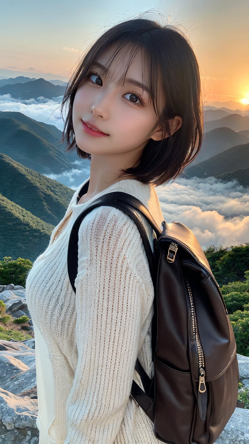 Highest quality, masterpiece, Ultra-high resolution, (Realistic:1.3), RAW Photos, (Nature landscape photography), (Majestic Mountain々The summit of the, sea of clouds), (On top of a very large mountain), (sunset), (One Girl), (Upper Body), (20-year-old), (smile:0.9), (Shiny skin), (short hair, Dark brown hair), (Loose, super tight, large white see-through sweater), (With pubic hair), (Carry a large backpack on your back), (Ultra detailed face), (Nipple erection:1.2), (Highly detailed eyes), (Highly detailed nose), (Highly detailed mouth), (Very skilled hands), (Super-detailed body), Sony a7, 85mm lens, f9.0, Pan Focus
、(Looking straight ahead、Face to face:1.3)、