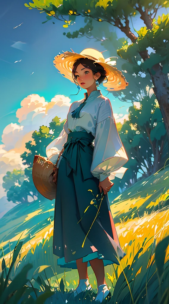 A peasant uncle with a straw hat stands in a wheat field, big clouds, blue sky, rice field, neat rice seedlings in the field, forest, hillside, secluded, countryside, HD detail, hyperdetail, cinematic, surrealism, soft light, deep field focus bokeh, ray tracing and surrealism. --v6