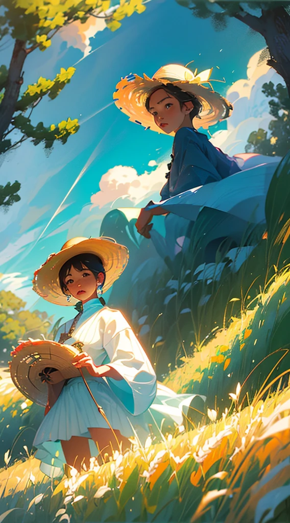 A peasant uncle with a straw hat stands in a wheat field, big clouds, blue sky, rice field, neat rice seedlings in the field, forest, hillside, secluded, countryside, HD detail, hyperdetail, cinematic, surrealism, soft light, deep field focus bokeh, ray tracing and surrealism. --v6