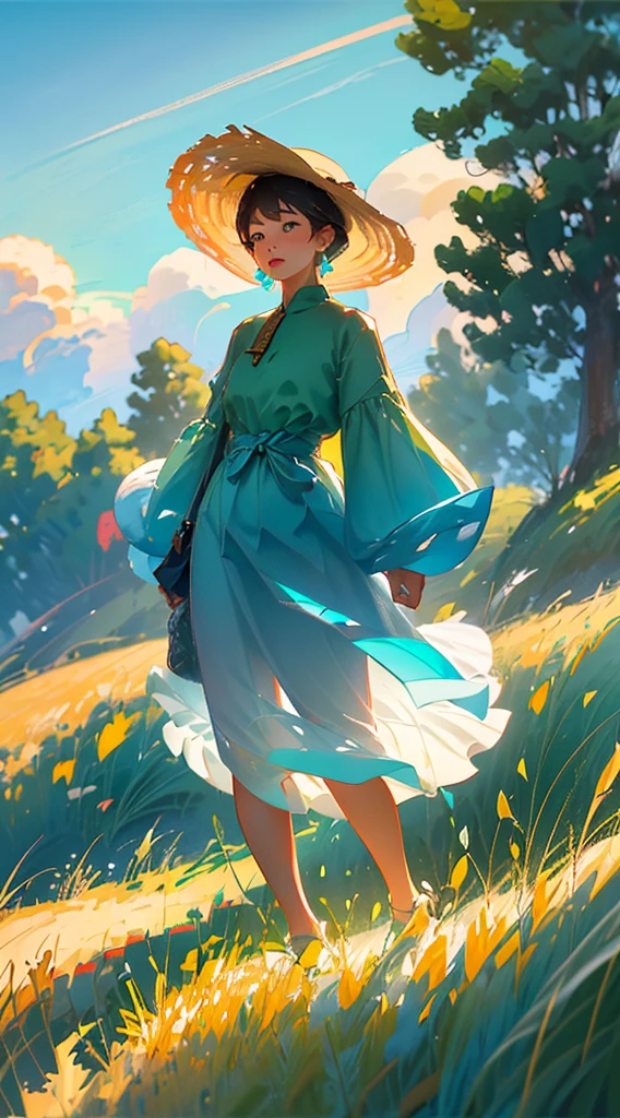 A peasant uncle with a straw hat stands in a wheat field, big clouds, blue sky, rice field, neat rice seedlings in the field, forest, hillside, secluded, countryside, HD detail, hyperdetail, cinematic, surrealism, soft light, deep field focus bokeh, ray tracing and surrealism. --v6