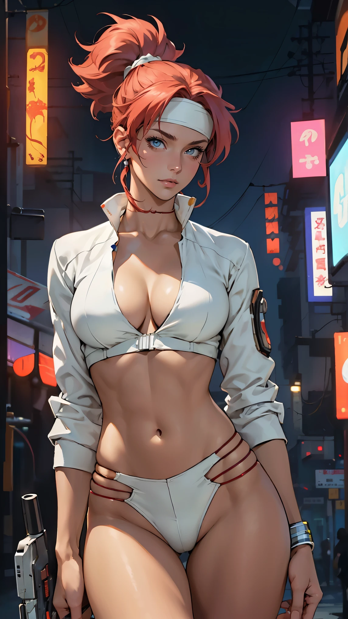 ((Masterpiece, highest quality; 1.3)), super quality, beautiful detail, super detailed, extra fine, 16K, exquisite, absurd, high resolution, beautiful background, detailed background, beautiful eyes, beautiful skin, anime style, Kay from Dirty Pair in a white outfit, tight outfit, cleavage, bushy redhead beauty, very light blue uniform, wearing tight clothes, skimpy, (mid chest: 1.2), cleavage, cleavage, slim waist , thin waist, slim thighs, thin legs, slim legs. thigh gap, showing stomach, skinny, thin hips, cyberpunk city background, holding retro space gun , headband, 