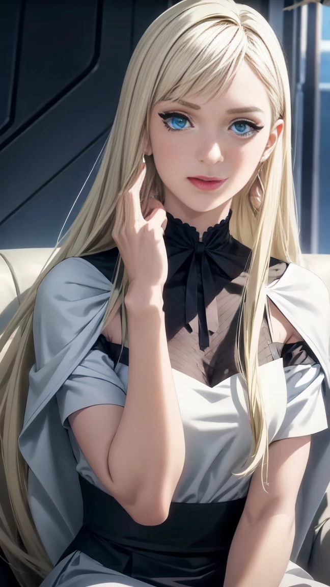 {{{masterpiece}}},{{{{{official art}}}}},{{{high quality}}},{{{best quality}}},{{{{8K_wallpaper}}}},{{{{extremely detailed eyes}}}},{{{{extremely detailed body}}}},{{{{extremely detailed finger}}}},Detailed and beautiful eyes,Symmetrical eyes、gigiandalucia,1girl, long hair,blonde hair,triangle earrings,makeup,blue eyes,lipstick, capelet,dress,neck ribbon, skirt,((upper body:1.3)),Modern airplane cabin,sitting,smile