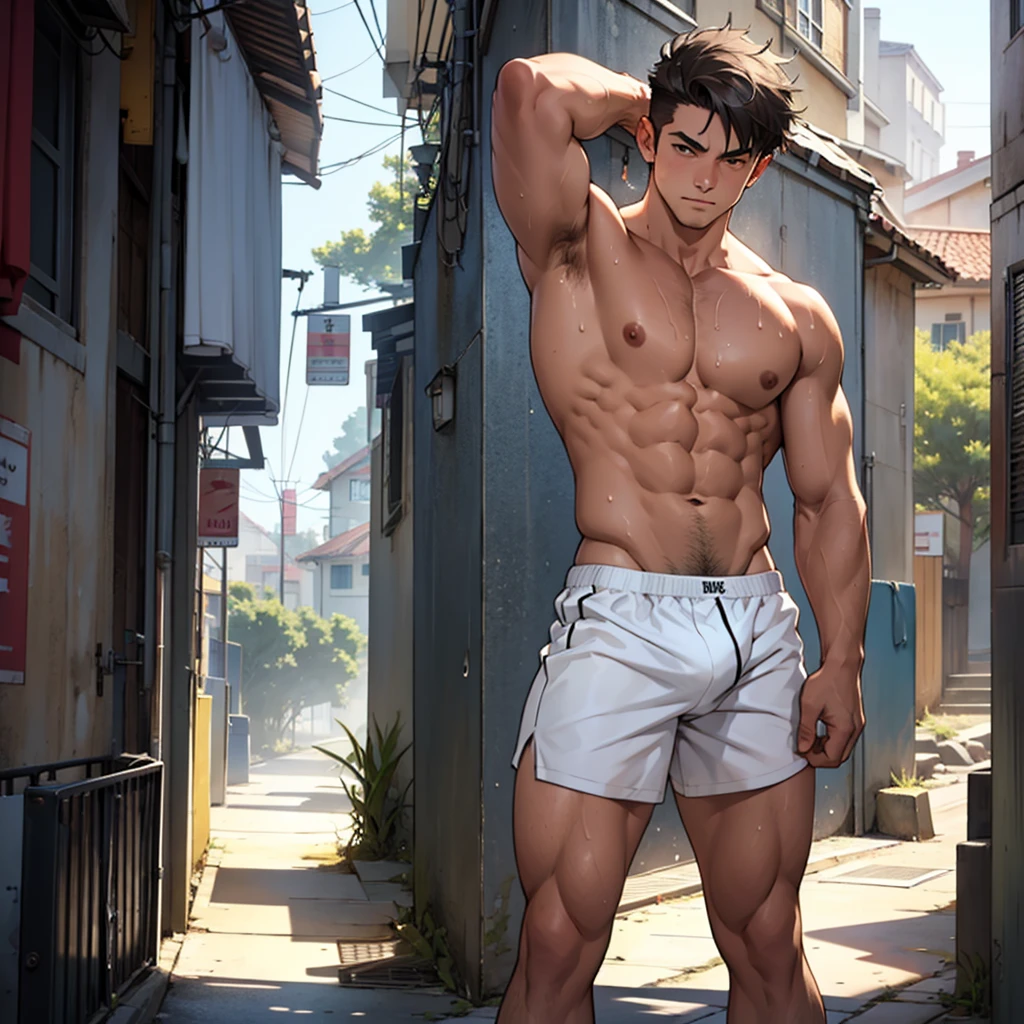 Alone, man, A sweaty male, sexy short hair, lots of hair on legs and armpits, posing standing in the streets, solo boxers trunks, shirtless, revealing a large bulge NSFW.