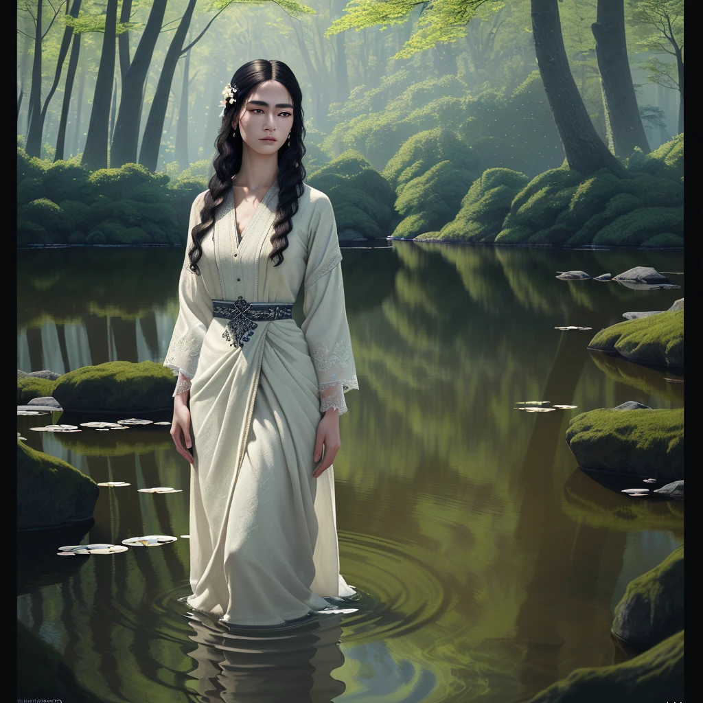 a highly detailed portrait of woman standing in a serene lake, masterpiece, best quality, ultra-detailed, absurdly detailed, best lighting and shadows, razor-sharp focus, extremely detailed face, eyes, hair, full body, 8K, 4K, UHD, ray-traced, beautiful visual effects