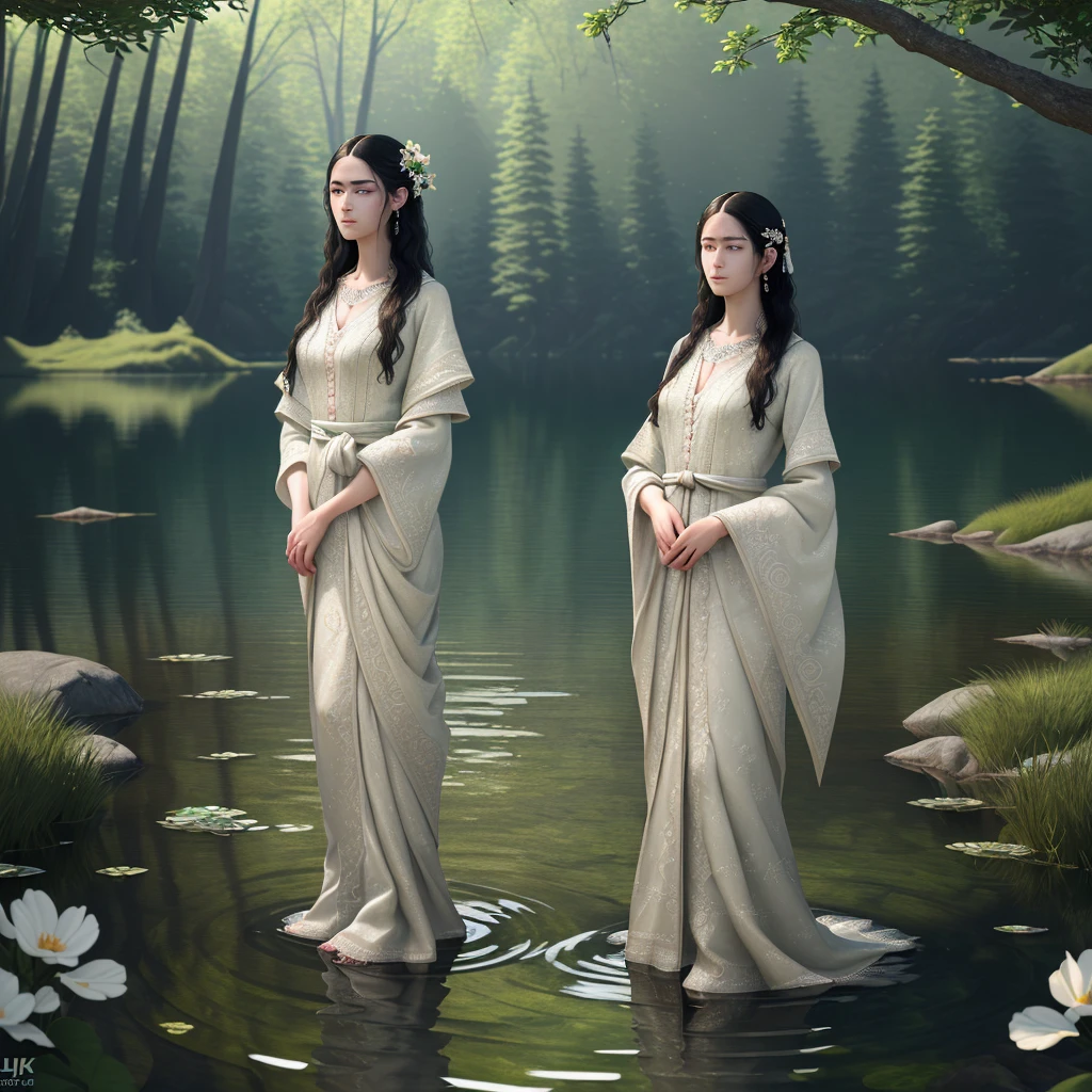 In the center of a lush forest grove, three exquisite and enchanting naked ladies stand gracefully. Their bodies are adorned with delicate filmy gossamer fabric, barely concealing their elegance. The light filters through the dense foliage, casting a warm glow upon their glowing skin. Each lady's hair is styled in intricate and classic Roman hairstyles, with intricate braids and cascading curls framing their faces.
As they dance closely together, their movements are fluid and harmonious, exuding an air of ethereal beauty. The forest floor beneath their feet is covered with a carpet of vibrant moss and wildflowers, adding a touch of natural allure to the scene. The towering trees of the grove embrace them in their leafy arms, creating a serene and intimate atmosphere.
The entire composition is reminiscent of a baroque style painting, with its intricate details and sumptuous richness. The ladies' exquisite features are prominently captured, showcasing their serene expressions and twinkling eyes. The artist's meticulous brushstrokes bring out the vibrant colors and textures of the fabric, leaving no detail unnoticed. The painting exudes an air of timeless elegance and sophistication.
The color palette of the painting is predominantly rich and opulent, with deep jewel tones and soft pastels. The sunlight streaming through the canopy creates a play of light and shadow, accentuating the beauty of the scene. The lighting is expertly utilized to illuminate the ladies' figures, casting a soft glow upon their skin and enhancing their ethereal presence.
With the combination of the three alluring ladies, the natural beauty of the forest grove, and the opulent baroque style painting technique, this masterpiece showcases the harmonious blend of sensuality, nature, and artistic mastery. The scene evokes a sense of sensuality and femininity, captured in a timeless work of art.