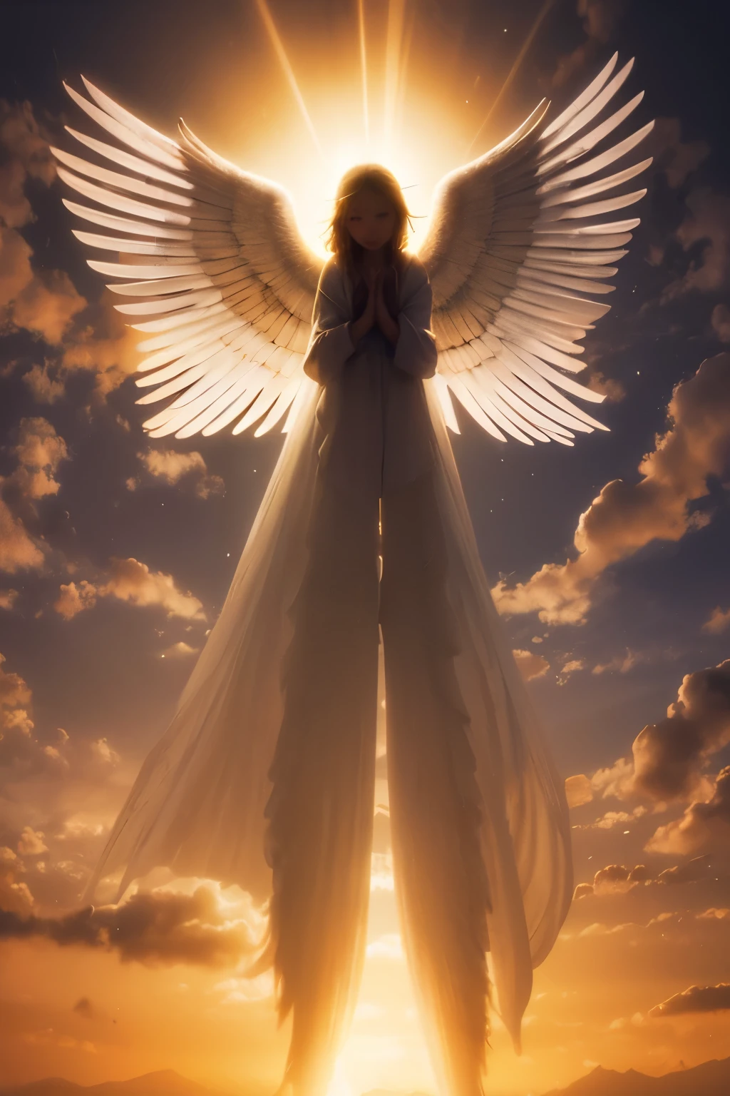 Praying angel, spread wings, silhouette, shining clouds,