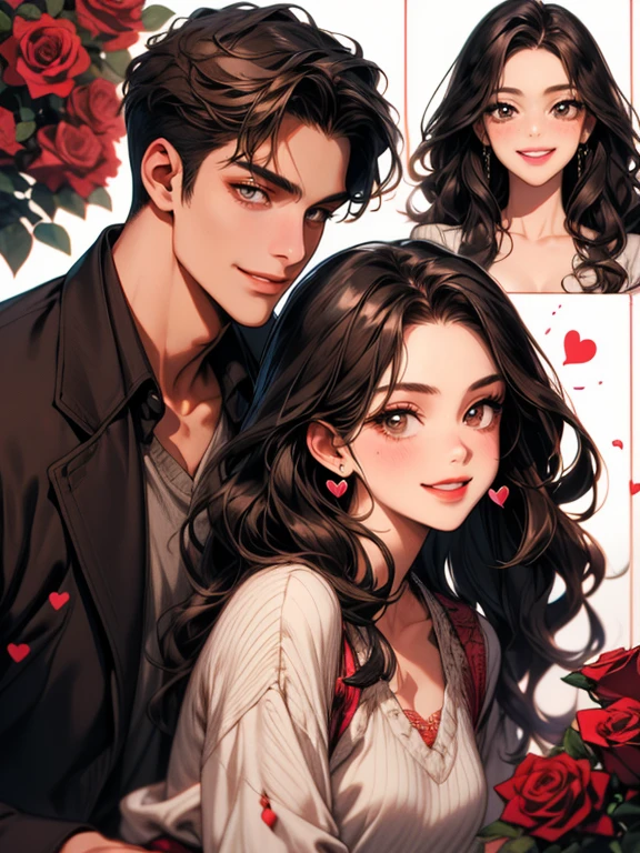 masterpiece, collage of couple, 1 woman, a beautiful female, long wavy black hair, brown eyes, 1 man, a beautiful man, brown eyes , short wavy hair, beautiful smile, casual outfit, valentine, happy, smile, chocolate, roses, hearts