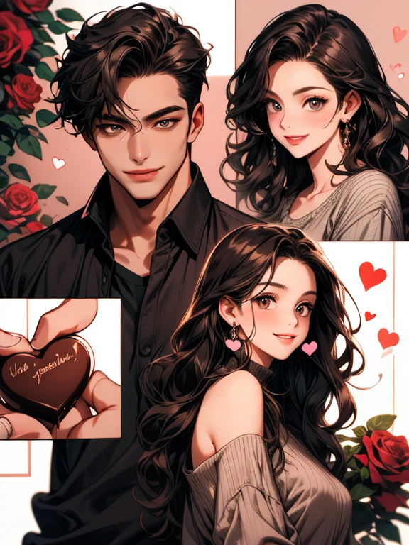masterpiece, collage of couple, 1 woman, a beautiful female, long wavy black hair, brown eyes, 1 man, a beautiful man, brown eyes , short wavy hair, beautiful smile, casual outfit, valentine, happy, smile, chocolate, roses, hearts