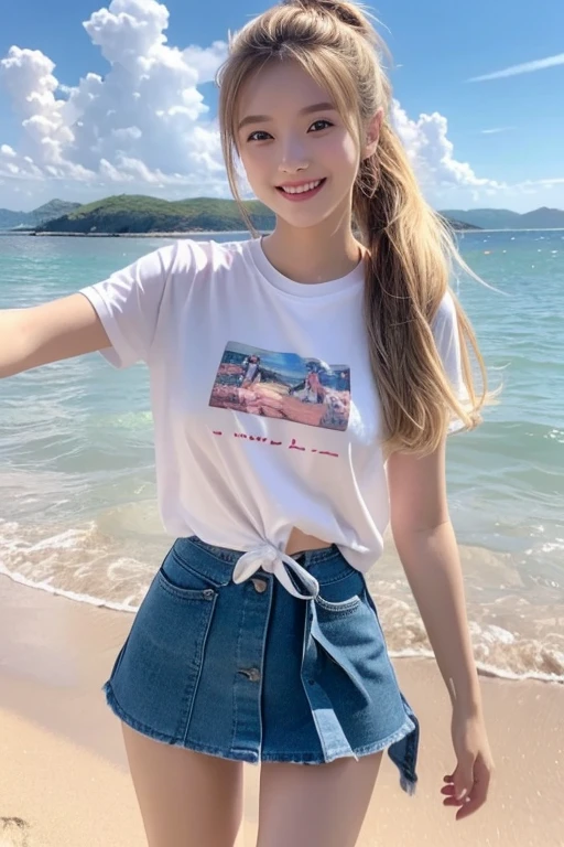 (8K, Highest quality, masterpiece:1.2), (Realistic, Realistic:1.37),Super detailed front, 19 year old girl,cute,Alone,Private beach、Ｔshirt、mini skirt、Beautifully detailed skies,date,(blush),(smile:1.3),(Mouth open)Small breasts,Beautiful attention to detail,(Long Hair: 1.2),Floating Hair NovaFrogStyle,（ Full body 2：1）、Blonde、ponytail、A beach with nice weather in midsummer、Playing with floats、Information Tie your hair behind your left ear, Laugh mischievously,