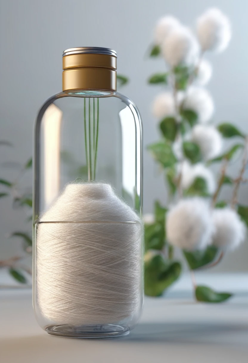 Superrealistic, transparent PET bottle transforming into cotton threads, render 3d, 8k