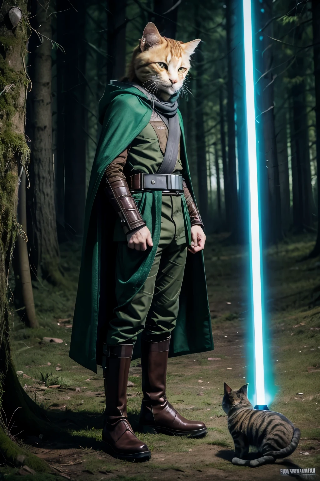 charachter, masculine, Feline aspects on the face, cat head, Star Wars style, Star wars, green cloak, green pants, Brown boots