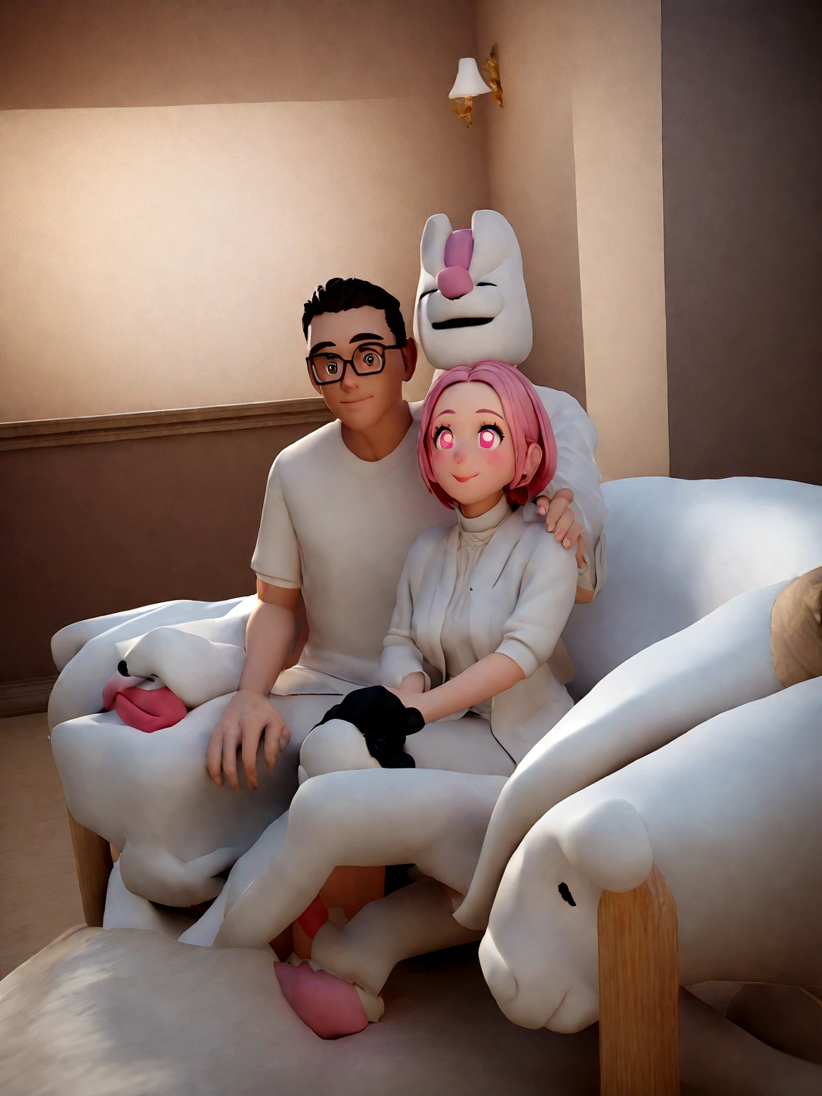 Into a 3D animated masterpiece of the highest quality, a radiant couple with a boxer dog, pink cheeks and prominent eyes add charm to their gentle appearance, smilling face, upload
