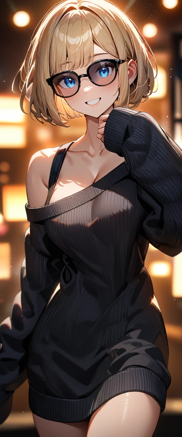 (((One girl))), blond hair, ((sunglasses, hand to sunglasses)), ((bob cut:1.3)), breasts, cleavage, (cowboy shot), standard body, (looking at viewer), oversized clothes, puffy long sleeves, collarbone, ((off-shoulder knit sweater dress:1.3, Quite thick shoulder straps)), (((sleeves past wrists:1.3))), ((black sweater)), ager, head tilt:1.3, (((blue eye))), ((happy smile)), (((anime style))), (best quality, 4k, 8k, highres, masterpiece:1.2, ultra-detailed, ultra-detailed eyes, HDR, UHD, studio lighting, ultra-fine painting, sharp focus, physically-based rendering, extreme detail description, professional, vivid colors, bokeh), ((Highest quality, Best image quality, Ultra-high resolution, Ultra-high resolution, solo, Strong eye highlights)), Depth of written boundary, Natural soft light, attractive, Beautiful Face, Cleanliness, Pure Face, nedium chest, Beautiful Face, Perfect Fingers, Perfect hands, Perfect body, Perfect Face, Shine a light into your eyes, Perfect Anatomy