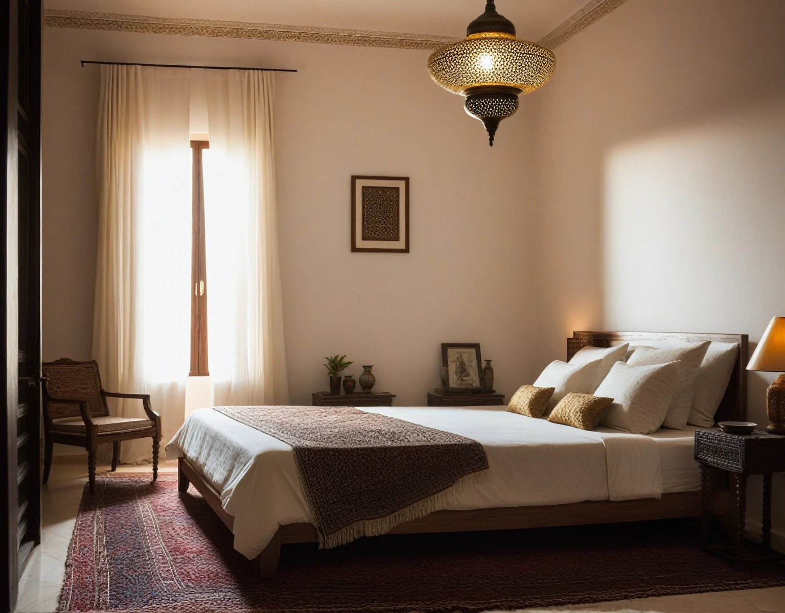 there is a bed with a lamp on it in a bedroom, inspired by Riad Beyrouti, serene bedroom setting, soft natural lighting, serene and peaceful style, hard morning light, dimly lit bedroom, afternoon lighting, dim bedroom, morning lighting, afternoon light, other bedrooms can be seen, evening mood, moody setting, soft morning lighting, evening sunlight