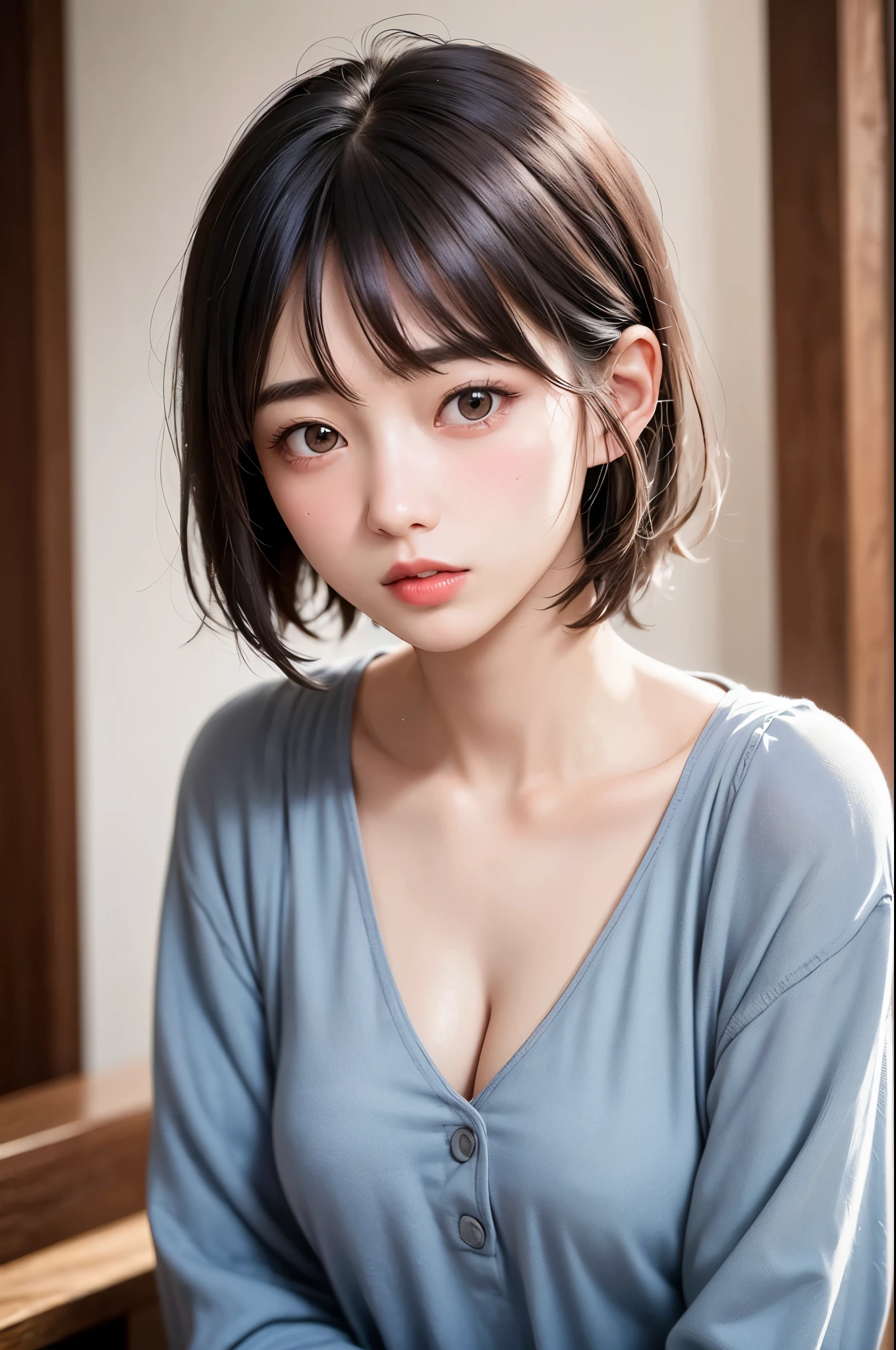 (1 nogizaka girl,15years old face,raw photo,photo realistic:1.5),(best quality, high quality,HDR, highest quality,ultra high resolution,high resolution,high res,ultra high difinition,huge file size,8K,2K wallpaper,8K wallpaper,high quality texture,amazing,an extremely delicate:1.4),one girl, Japanese famous idol,cute face,small face,absurd,ridiculous,incredibly ridiculous,blurry background,(idol uniform,short hair,cleavage,no makeup:1.2),medium skin,beautiful skin,detailed skin,black hair,silky hair,black eyes,Japanese nose,5-fingers,(Light Particles, Lens Flare, Luminous Particles: 0.7),looking at viewer,bright lighting,professional lighting,girl