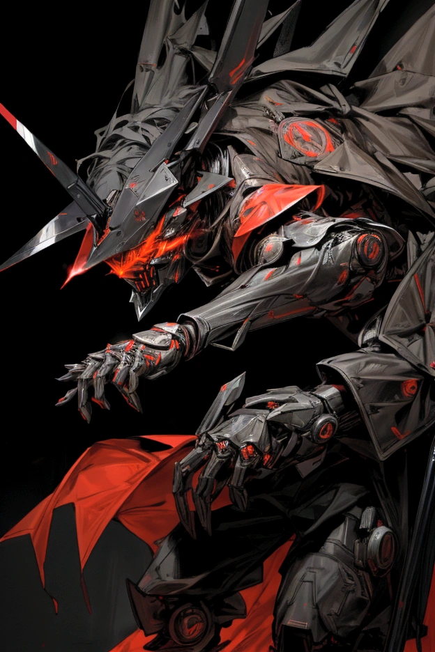 black background with aggressive red lights, man in cyber punk style templar armor, tearing up a rainbow flag and setting it on fire