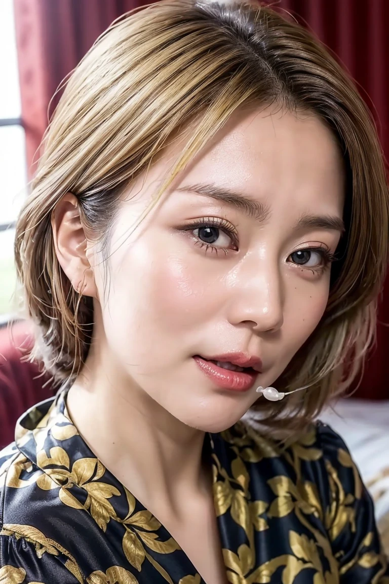 (Realistic:1.3、Ultra HD、Ultra-high resolution、8K、Female Japanese Housewife、寝室でBlowjobチオをするMature Woman:1.5、At the bed)、((Look Viewer:1.8))、(Extremely realistic skin texture:1.4)、(Realistic:1.3)、short hair、((Embarrassed expression:1.5))、(blonde:1.5)、48-year-old woman、Mature Woman、Ponytail Hairstyles、(Brown eyes:1.3)、(Face close-up:1.38)、(Sweaty:1.2)、(Nipplesを見せる)、((衣服から突き出たNipples,))、dress、美しいNipples、Nipples、(Shooting from the side:1.1)、Drooling、((Blowjobチオ:1.6、Blowjob、Cum in mouth、Bukkake))