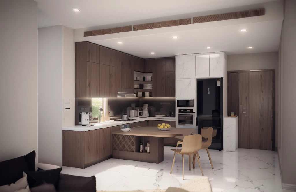 Simple kitchen with several shelves to place plates and glasses, yellow chair, dark wood for all doors, white kitchen cabinet up to ceiling, fridge , some plant and flowers, octane render 3D