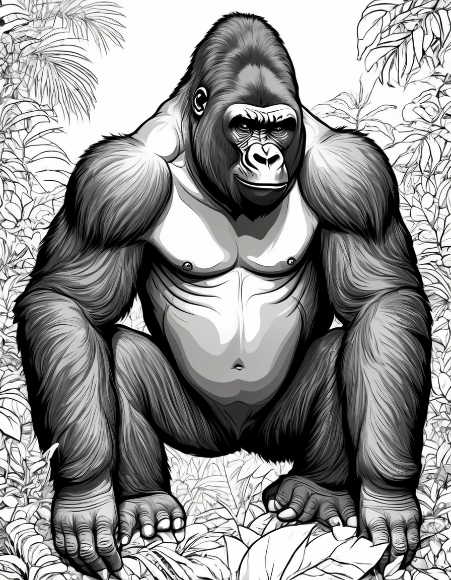 Gorilla , black and white outline art, all white coloring pages, white background, coloring pages that 5-6 year olds will enjoy