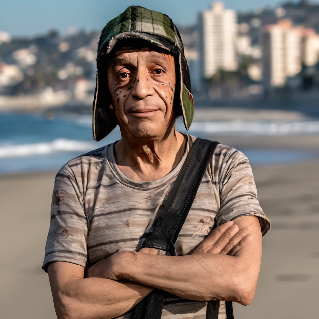 RAW photo, photo of Chavesdooito in a beach, (high detailed skin:1.2), 8k uhd, dslr, soft lighting, high quality, stock photo, Fujifilm XT3, modern, 8k, 4k   portrait photo of (Chaves do Oito) in a city los angeles gta with a gun in his hand 8k cinematic hd 4k