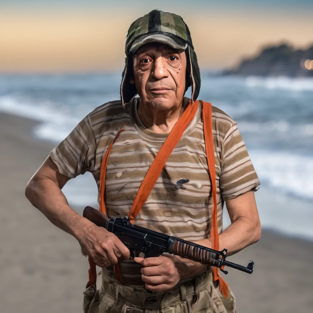 RAW photo, photo of Chavesdooito in a beach, (high detailed skin:1.2), 8k uhd, dslr, soft lighting, high quality, stock photo, Fujifilm XT3, modern, 8k, 4k   portrait photo of (Chaves do Oito) in a city los angeles gta with a gun in his hand 8k cinematic hd 4k