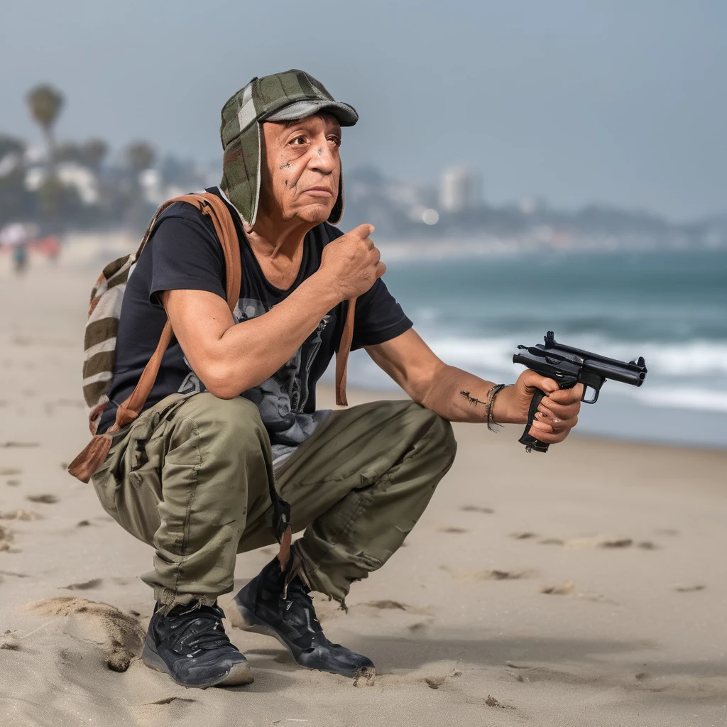 RAW photo, photo of Chavesdooito in a beach, (high detailed skin:1.2), 8k uhd, dslr, soft lighting, high quality, stock photo, Fujifilm XT3, modern, 8k, 4k   portrait photo of (Chaves do Oito) in a city los angeles gta with a gun in his hand 8k cinematic hd 4k