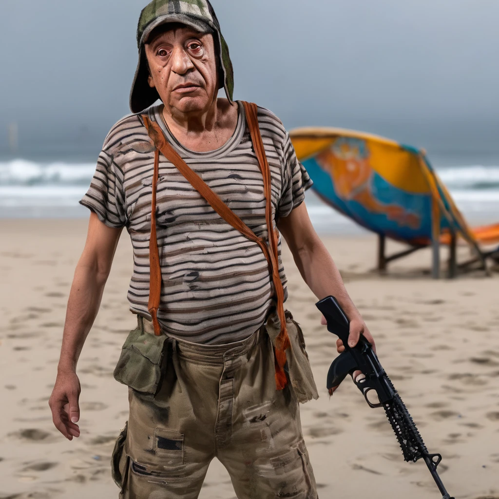 RAW photo, photo of Chavesdooito in a beach, (high detailed skin:1.2), 8k uhd, dslr, soft lighting, high quality, stock photo, Fujifilm XT3, modern, 8k, 4k   portrait photo of (Chaves do Oito) in a city los angeles gta with a gun in his hand 8k cinematic hd 4k