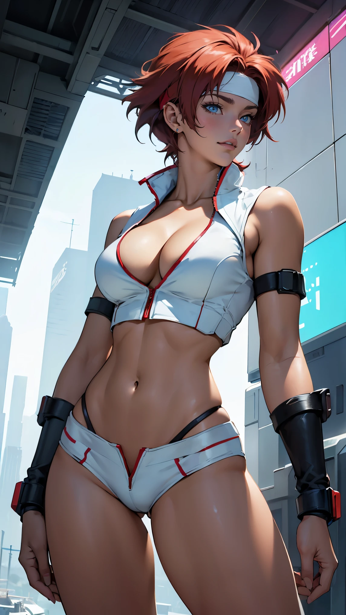 ((Masterpiece, highest quality; 1.3)), super quality, beautiful detail, super detailed, extra fine, 16K, exquisite, absurd, high resolution, beautiful background, detailed background, beautiful eyes, beautiful skin, anime style, Kay from Dirty Pair in a white outfit, tight outfit, cleavage, bushy redhead beauty, very light blue uniform, wearing tight clothes, skimpy, (mid chest: 1.2), cleavage, cleavage, slim waist , thin waist, slim thighs, thin legs, slim legs. thigh gap, showing stomach, skinny, thin hips, cyberpunk city background, holding retro space gun , headband, 