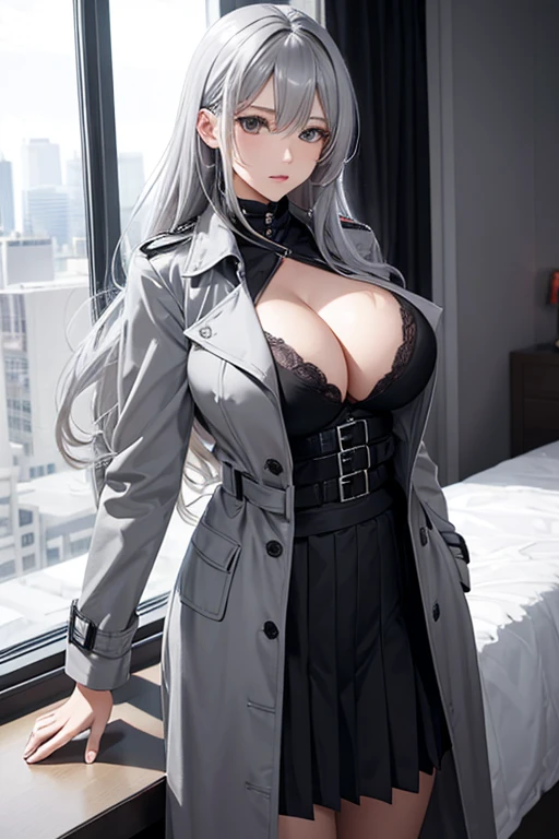Mommy messy silver gray hair huge with very big and very huge breasts with bra black tactical uniform pleated skirt with trench coat