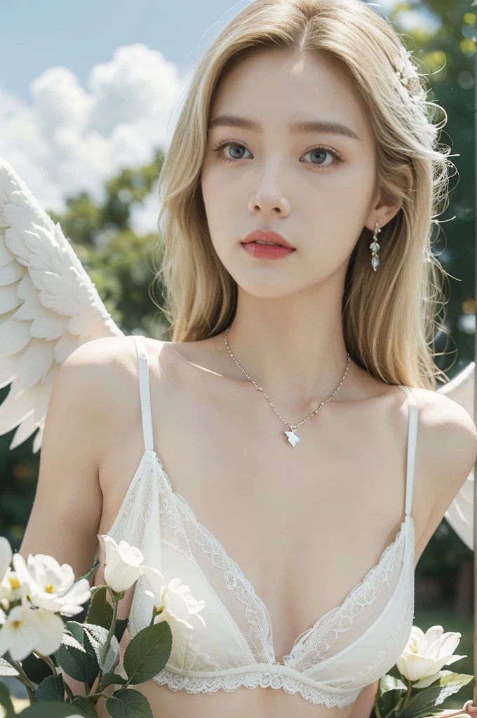 (((best quality))), (((ultra detailed))), (((masterpiece))), illustration,((1 beautiful ,solo,angel)),((fair skin,shoulder length straight blonde hair,blue eyes)),(earrings,crystal necklace),((slim,thin,small breasts,flat chest)),joyful expression,(white wings:1.3),(flowing short-sleeved white sheer bra:1.3),((In heaven, garden setting)), vibrant flowers,(colorful flowers:1.3),lush grass, gentle breeze, (clear sky, fluffy clouds, shining sun),((from front,close-up of face)),