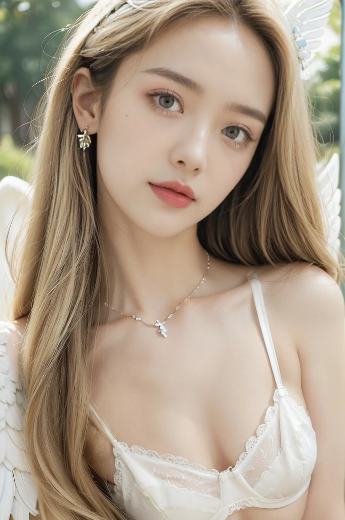 (((best quality))), (((ultra detailed))), (((masterpiece))), illustration,((1 beautiful ,solo,angel)),((fair skin,shoulder length straight blonde hair,blue eyes)),(earrings,crystal necklace),((slim,thin,small breasts,flat chest)),joyful expression,(white wings:1.3),(flowing short-sleeved white sheer bra:1.3),((In heaven, garden setting)), vibrant flowers,(colorful flowers:1.3),lush grass, gentle breeze, (clear sky, fluffy clouds, shining sun),((from front,close-up of face)),