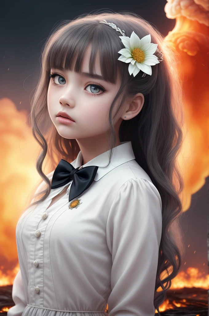 masterpiece,best quality, illustration,{beautiful detailed girl},beautiful detailed glow,(flames of war:1.2),(nuclear explosion behide:1.3),rain,detailed lighting,detailed water,(beautiful detailed eyes:1.1),expressionless,palace,azure hair,disheveled hair,long bangs,hairs between eyes,(whitegrey dress:1.1),black ribbon,white bowties,midriff,big forhead,blank stare,flower,long sleeves