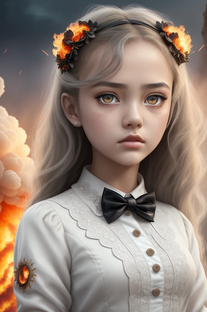 masterpiece,best quality, illustration,{beautiful detailed girl},beautiful detailed glow,(flames of war:1.2),(nuclear explosion behide:1.3),rain,detailed lighting,detailed water,(beautiful detailed eyes:1.1),expressionless,palace,azure hair,disheveled hair,long bangs,hairs between eyes,(whitegrey dress:1.1),black ribbon,white bowties,midriff,big forhead,blank stare,flower,long sleeves