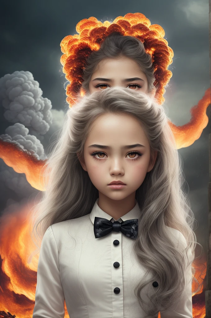 masterpiece,best quality, illustration,{beautiful detailed girl},beautiful detailed glow,(flames of war:1.2),(nuclear explosion behide:1.3),rain,detailed lighting,detailed water,(beautiful detailed eyes:1.1),expressionless,palace,azure hair,disheveled hair,long bangs,hairs between eyes,(whitegrey dress:1.1),black ribbon,white bowties,midriff,big forhead,blank stare,flower,long sleeves