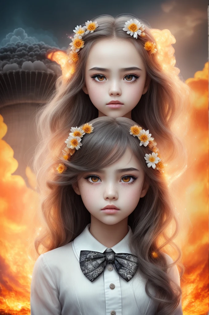 masterpiece,best quality, illustration,{beautiful detailed girl},beautiful detailed glow,(flames of war:1.2),(nuclear explosion behide:1.3),rain,detailed lighting,detailed water,(beautiful detailed eyes:1.1),expressionless,palace,azure hair,disheveled hair,long bangs,hairs between eyes,(whitegrey dress:1.1),black ribbon,white bowties,midriff,big forhead,blank stare,flower,long sleeves