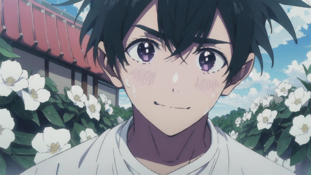 ((Highest quality)), ((masterpiece)), (detailed), Highest quality、High resolution、８K、Grey Sky、dim、male、male子学生、17 years old、soaked、bicycleを全力で漕いでいる、bicycleに乗っている、Very cloudy sky、Shower、Japan、Urban park、bicycle、White short sleeve shirt、Black trousers、bicycleに乗ったJapanの学生服を着たmale子学生の後ろ姿、Heavy downpour、Gardenia flowers、Slope、Japanのアニメのような画風、超High resolutionかわいい萌えアニメ8k