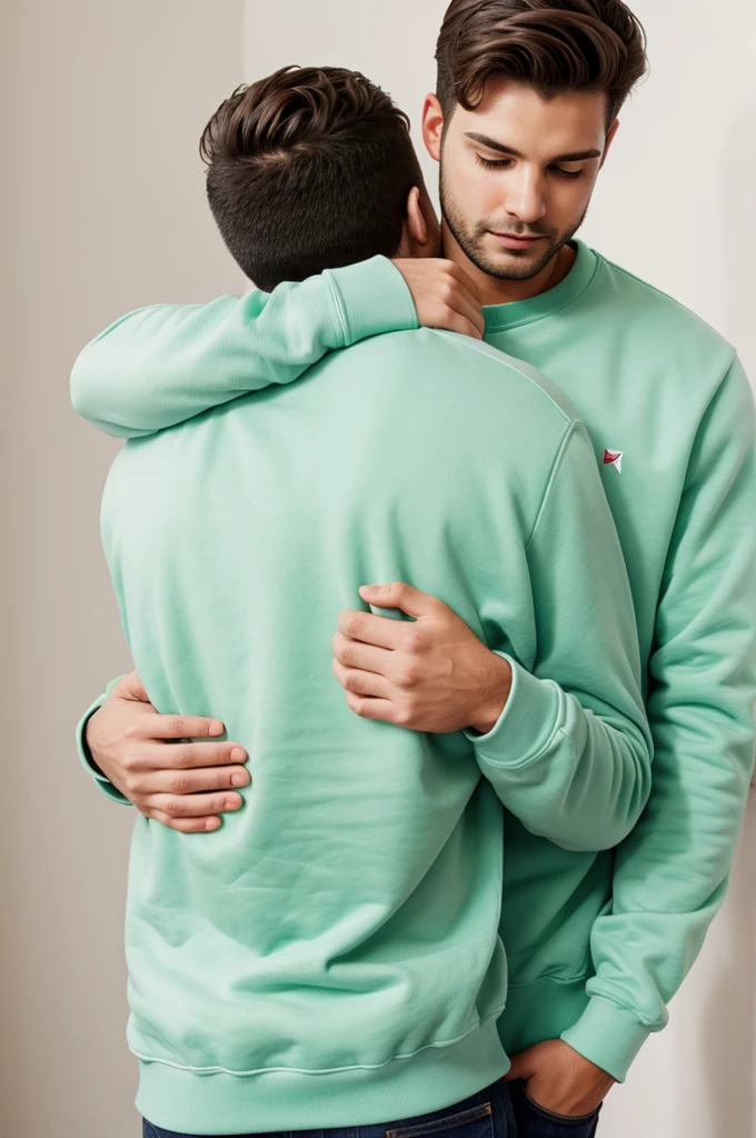 Image of two men hugging in a mint sweatshirt