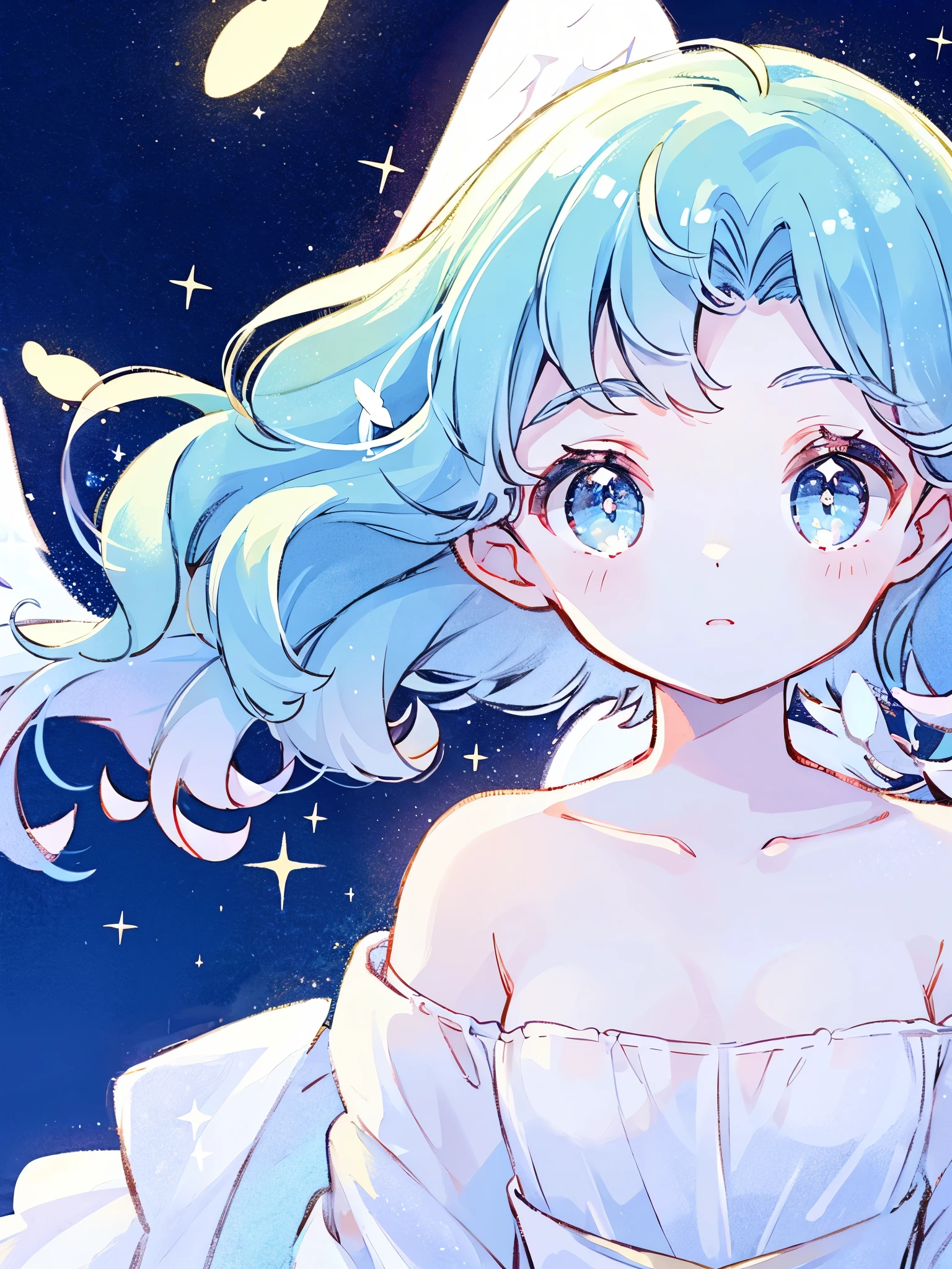 nude angel girl wearing an ethereal translucent dress, pale skin, ((blue mint wavy hair)), white feathers, angel wings, sparkling detailed eyes, golden ratio face, perfect composition, highly detailed, ethereal, (starry night sky background), midjourney style