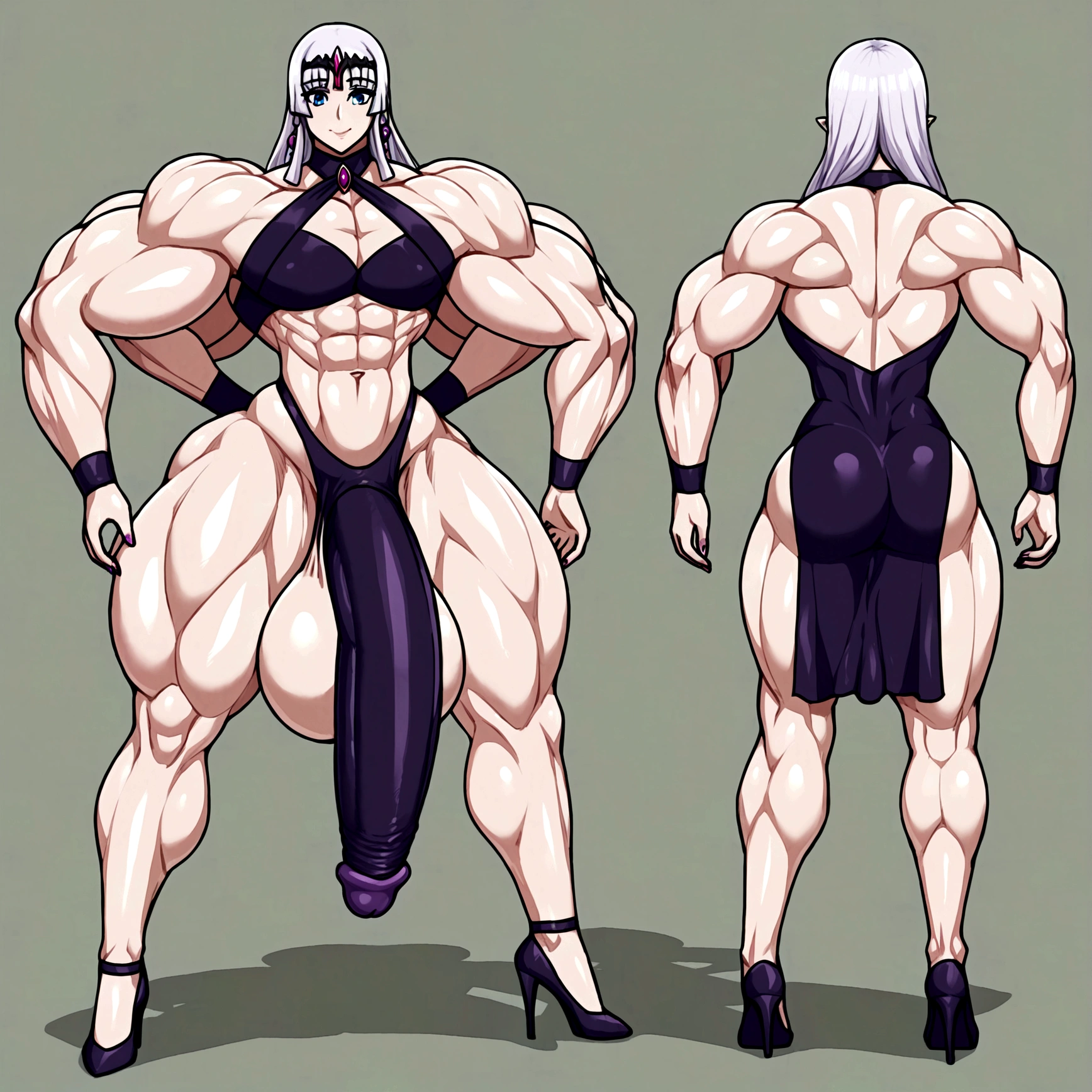Liliana femboy, gigantic muscular body, gigantic penis with big balls, 4 arms, full body.