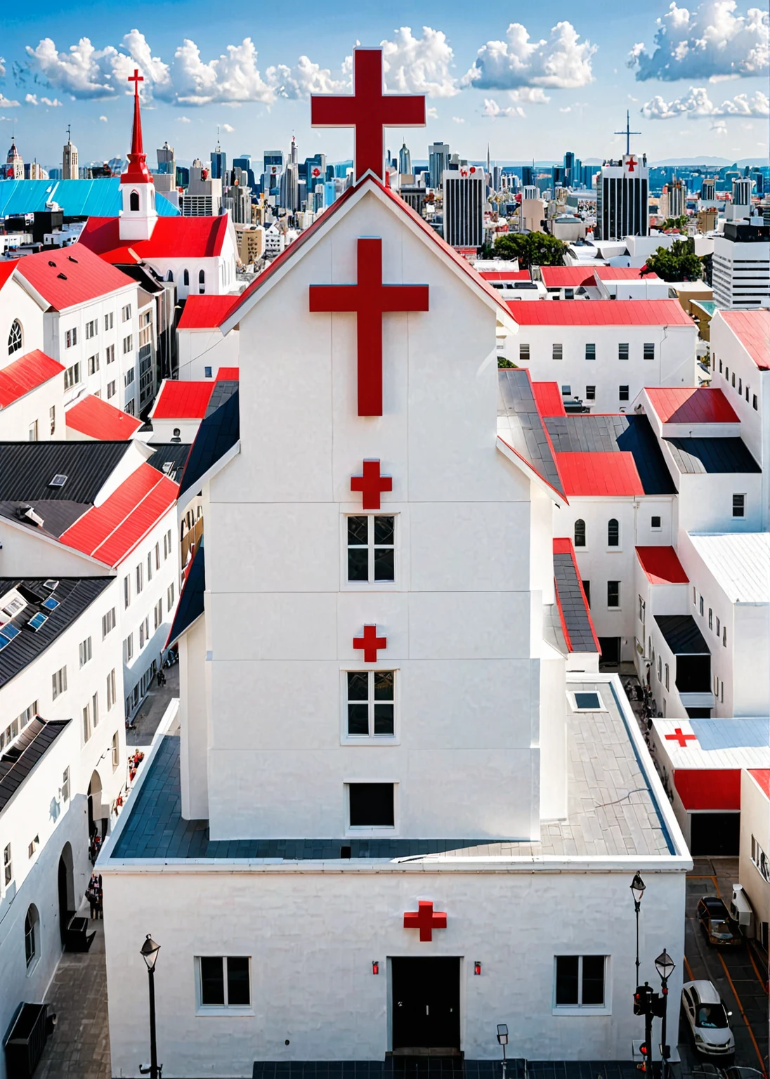 Modern church in crowded city. White painted color wall with (one red-cross on rooftop:1.2)