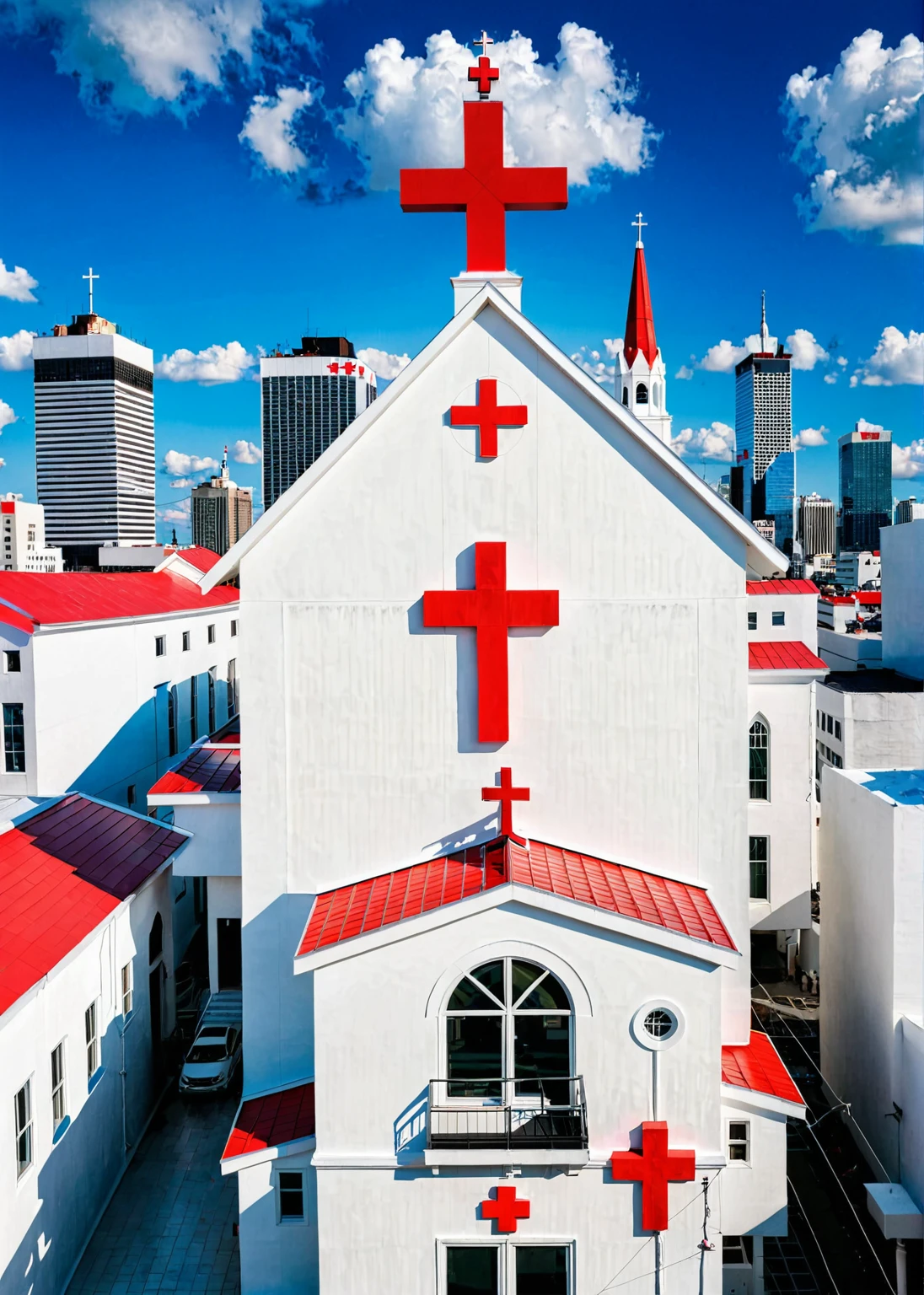 Modern church in crowded city. White painted color wall with (one red-cross on rooftop:1.2)