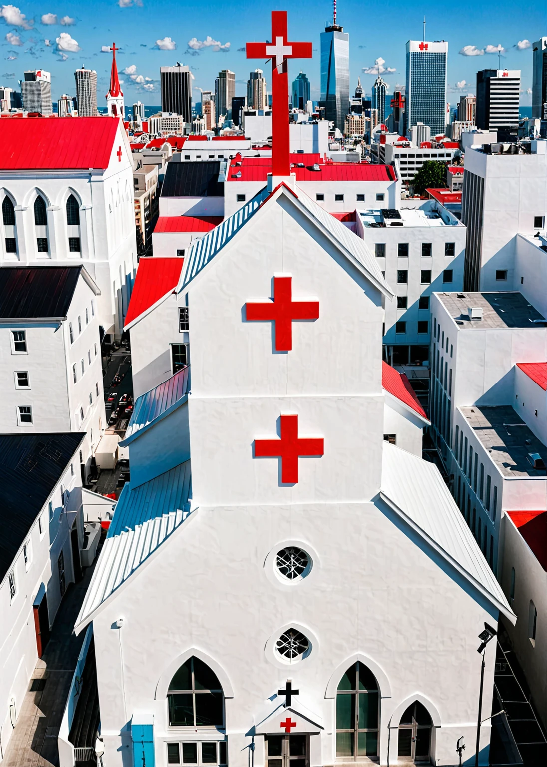 Modern church in crowded city. White painted color wall with (one red-cross on rooftop:1.2)