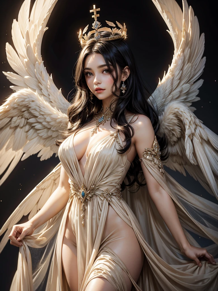 beautiful girl, with beige chiffon dress, with wings and halo, black hair with crown, beautiful angel wings, goddess, extremely detailed