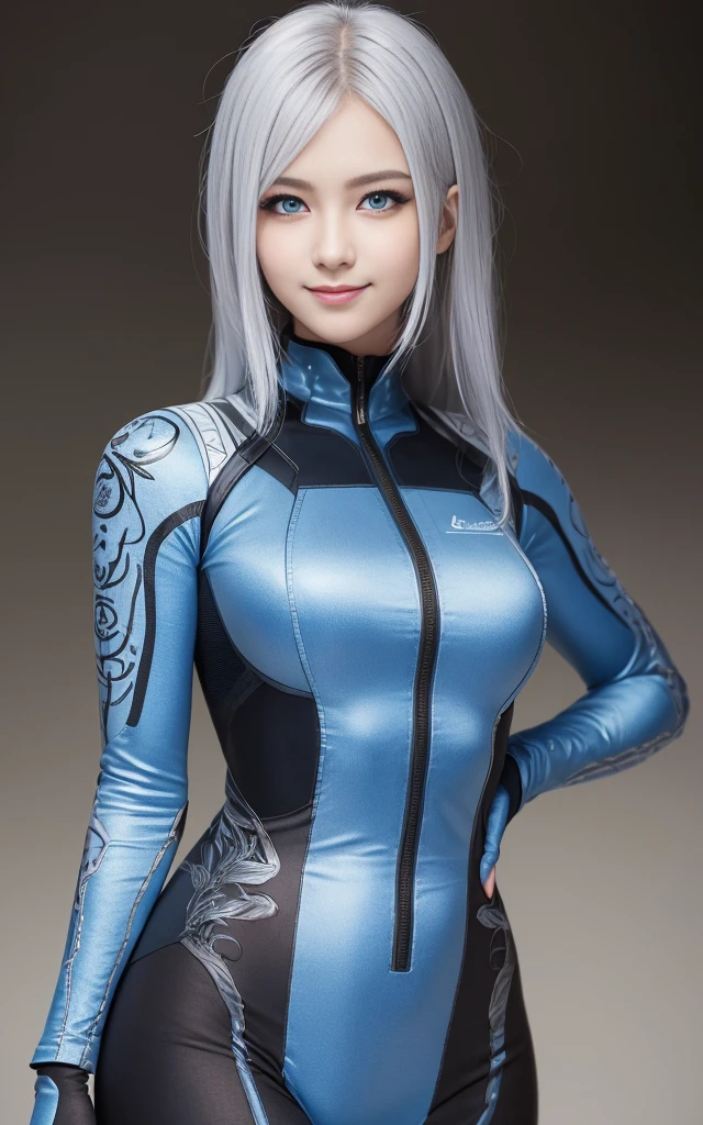 blue eyes, medium shot, stunning proportions, smile, photorealistic, a beauty girl aged 25,  bodysuit, silver hair, intricate details, large breasts, metaric zero suit