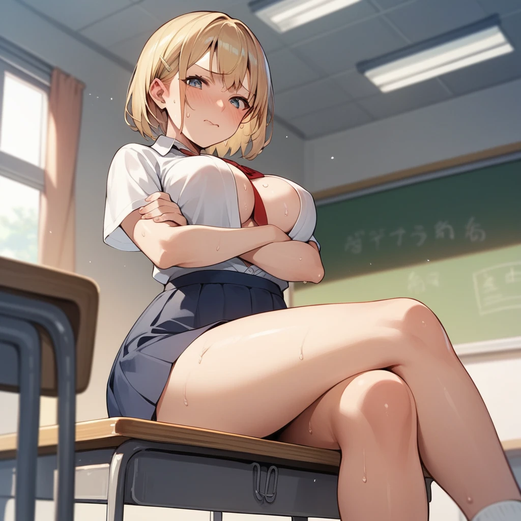 score_9, score_8_up, score_7_up, source_anime, and age blonde Japan gals are sitting at desks, arms crossed, legs crossed, looking down at the viewer with an embarrassed expression. Summer uniform miniskirt with open chest. Sweating in the summer classroom. The viewer looks at the panties from below and touches the subject's thighs