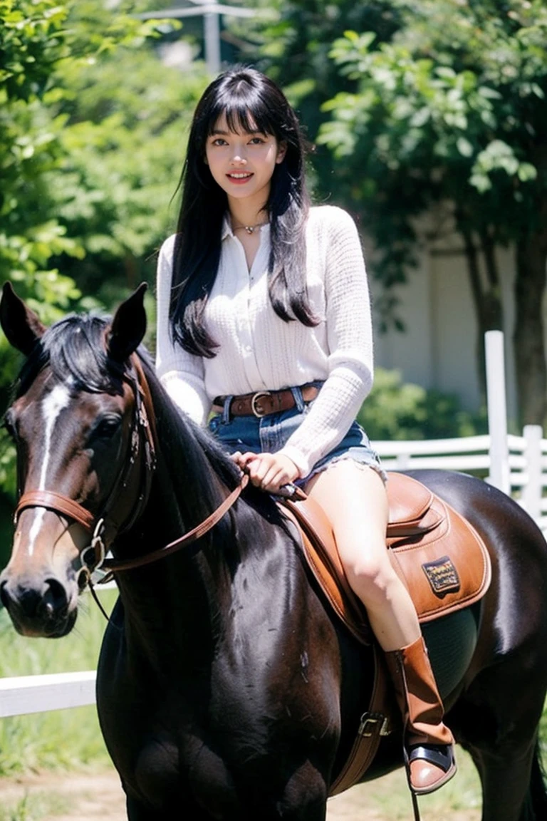 21yo girl, black hair, beautiful outfit, Horseback riding