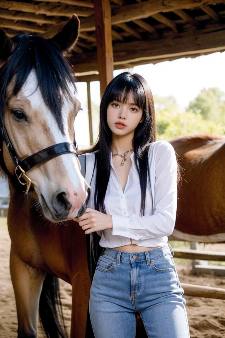 21yo girl, black hair, beautiful outfit, Horseback riding