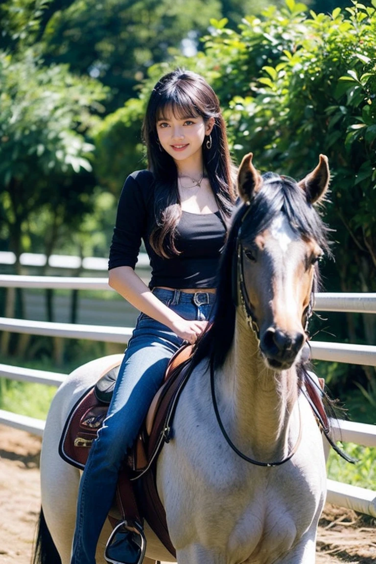 21yo girl, black hair, beautiful outfit, Horseback riding