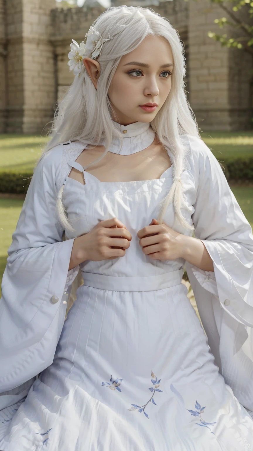 Female Elf,standในปราสาทเอลฟ์มีน้ำตก,stand,Long white hair with flowers on it,Beautiful white elf outfit,standในปราสาทหินปูนสีขาว,Behind there is a large castle.